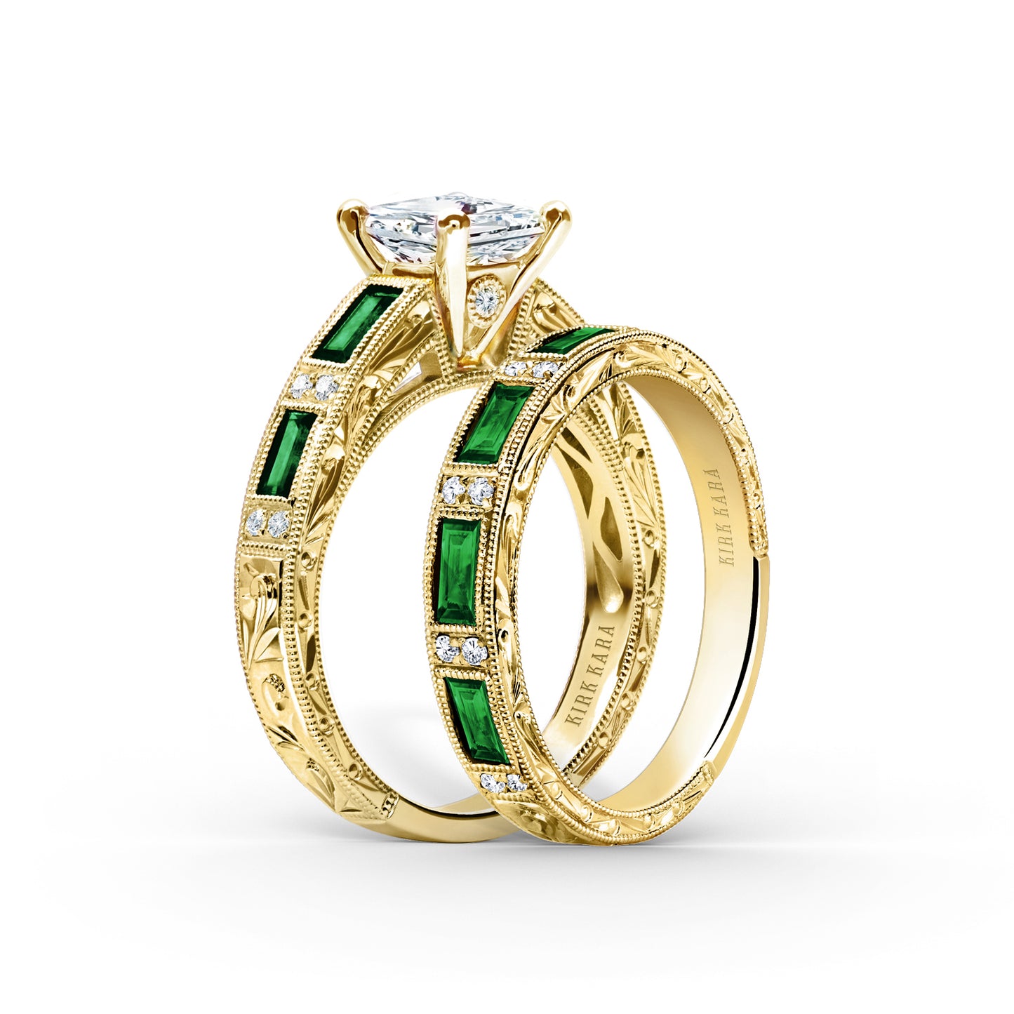 Tsavorite Baguette Engraved Cathedral Diamond Engagement Ring