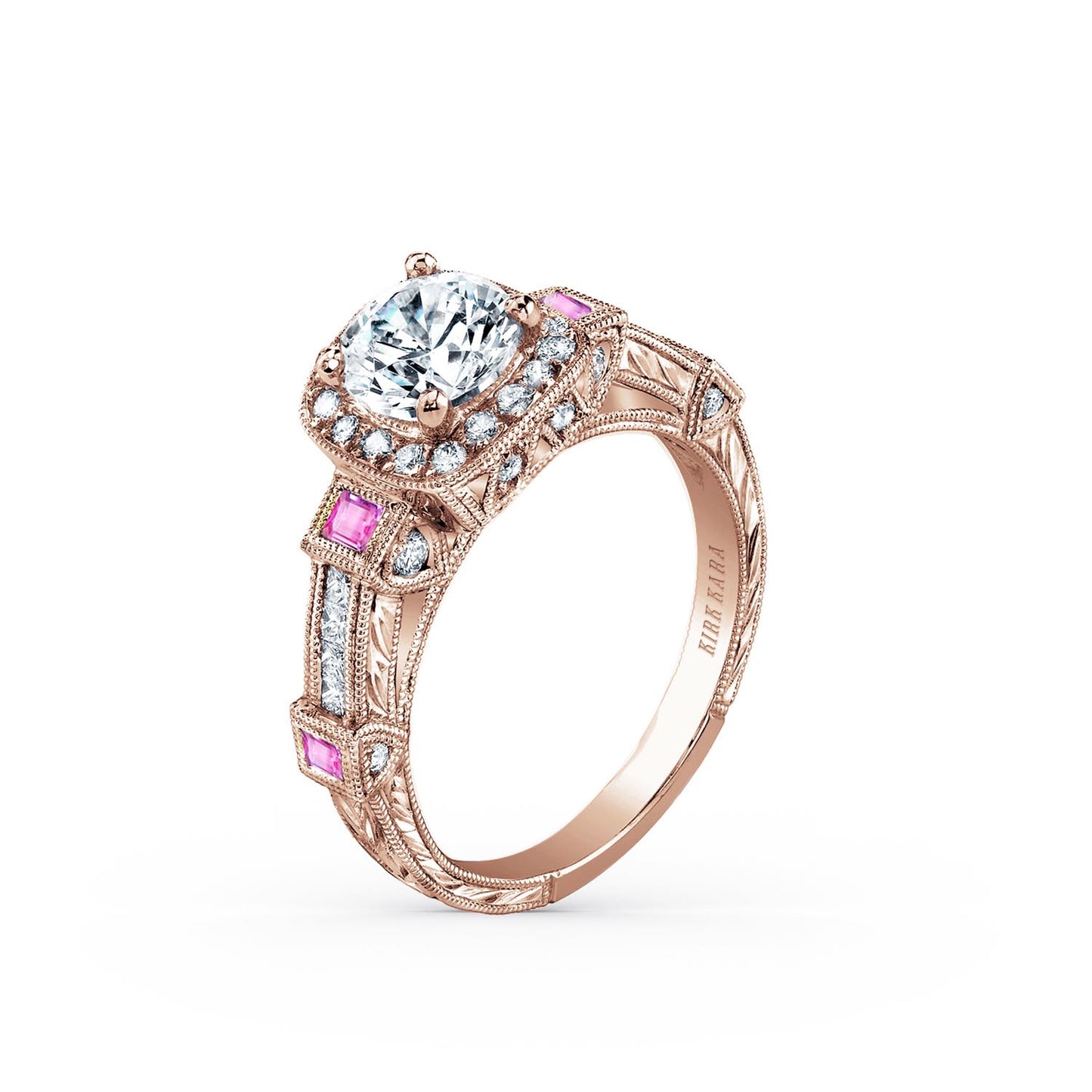 Modern Channel Detailed Pink Sapphire Diamond Halo Engagement Ring