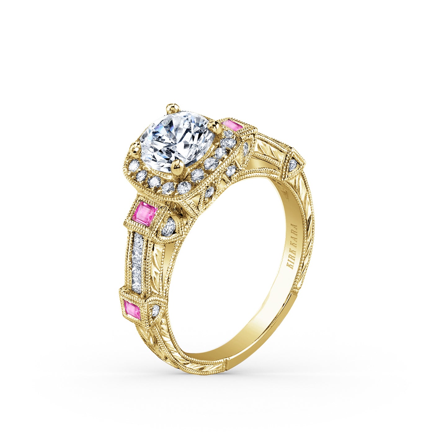 Modern Channel Detailed Pink Sapphire Diamond Halo Engagement Ring