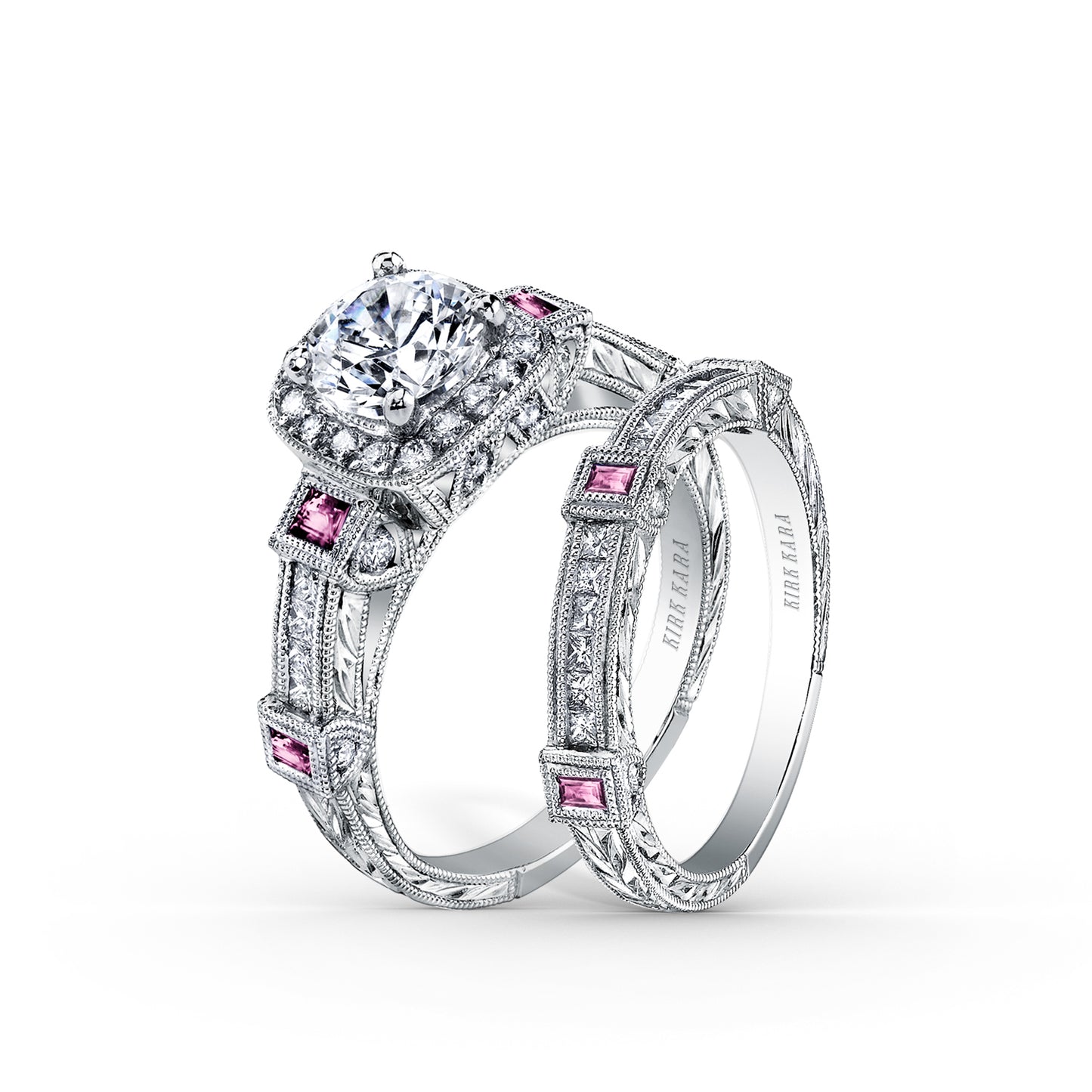 Modern Channel Detailed Pink Sapphire Diamond Halo Engagement Ring