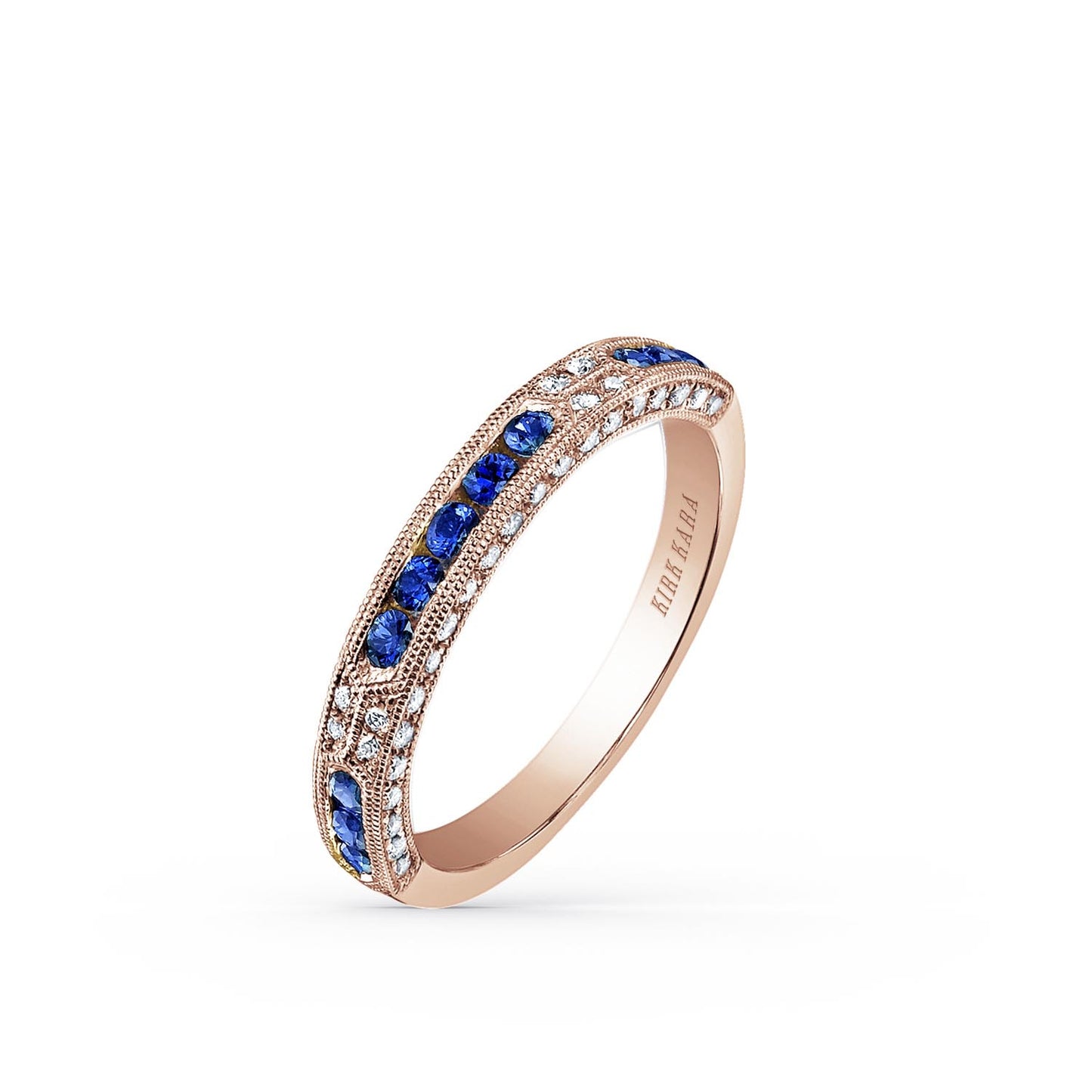 Blue Sapphire Channel Milgrain Diamond Wedding Band