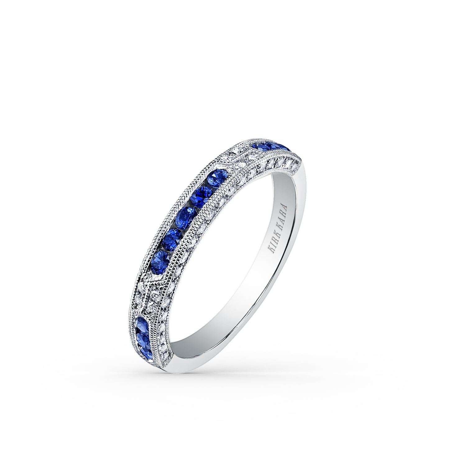 Blue Sapphire Channel Milgrain Diamond Wedding Band