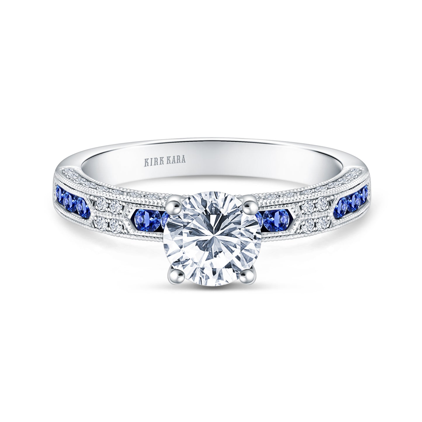Blue Sapphire Channel Milgrain Diamond Engagement Ring