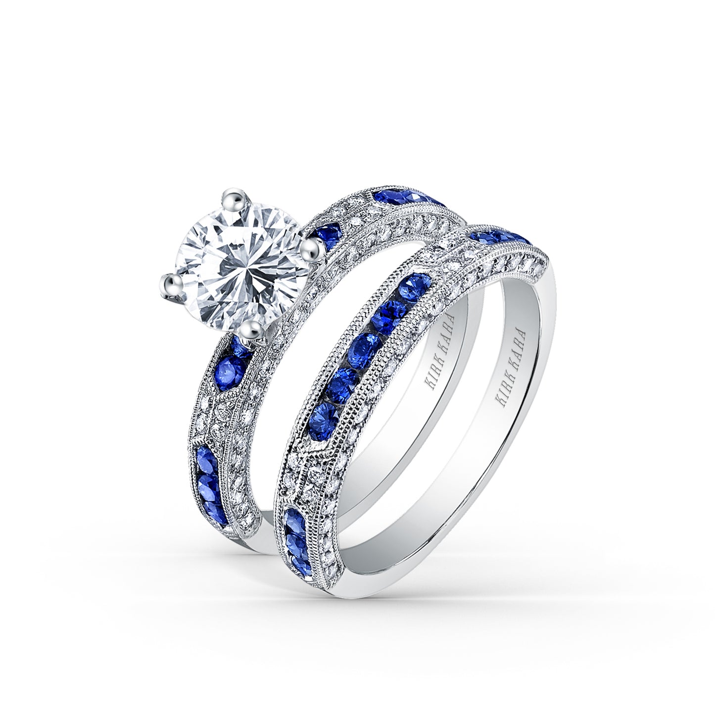 Blue Sapphire Channel Milgrain Diamond Engagement Ring