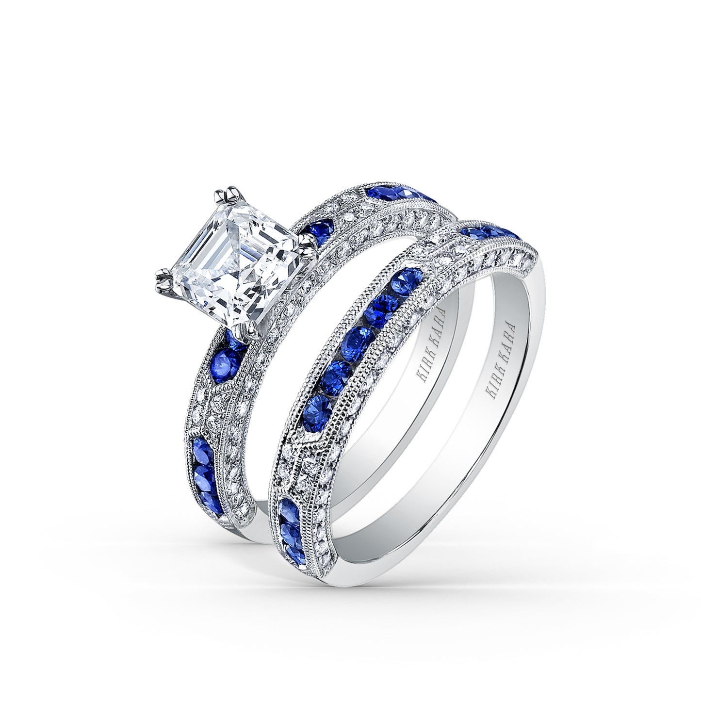 Blue Sapphire Channel Milgrain Diamond Wedding Band