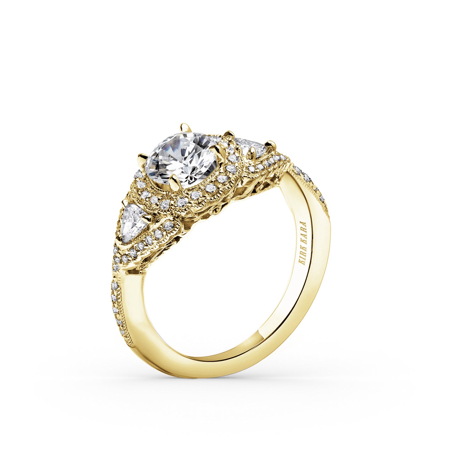 Three Stone Deco Trillion Halo Engagement Ring