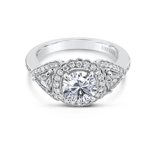 Three Stone Deco Trillion Halo Engagement Ring