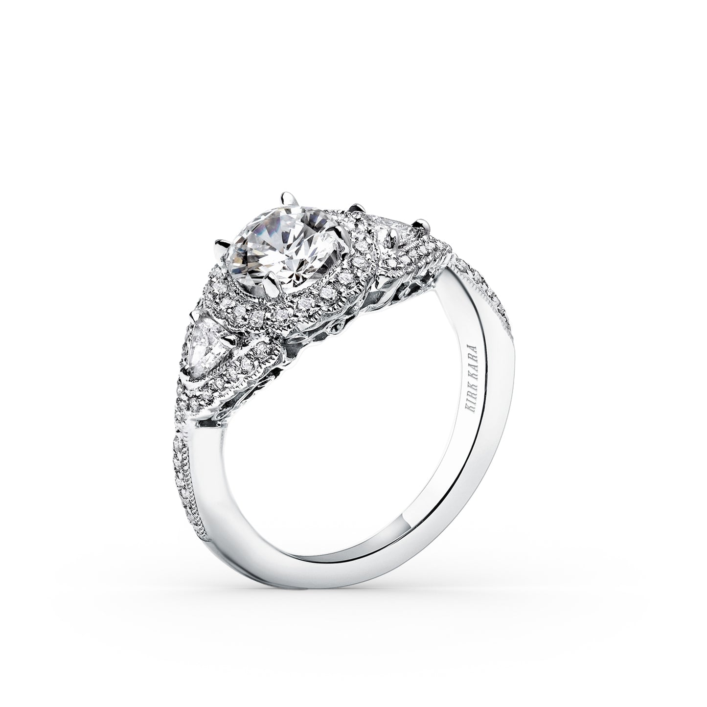 Three Stone Deco Trillion Halo Engagement Ring