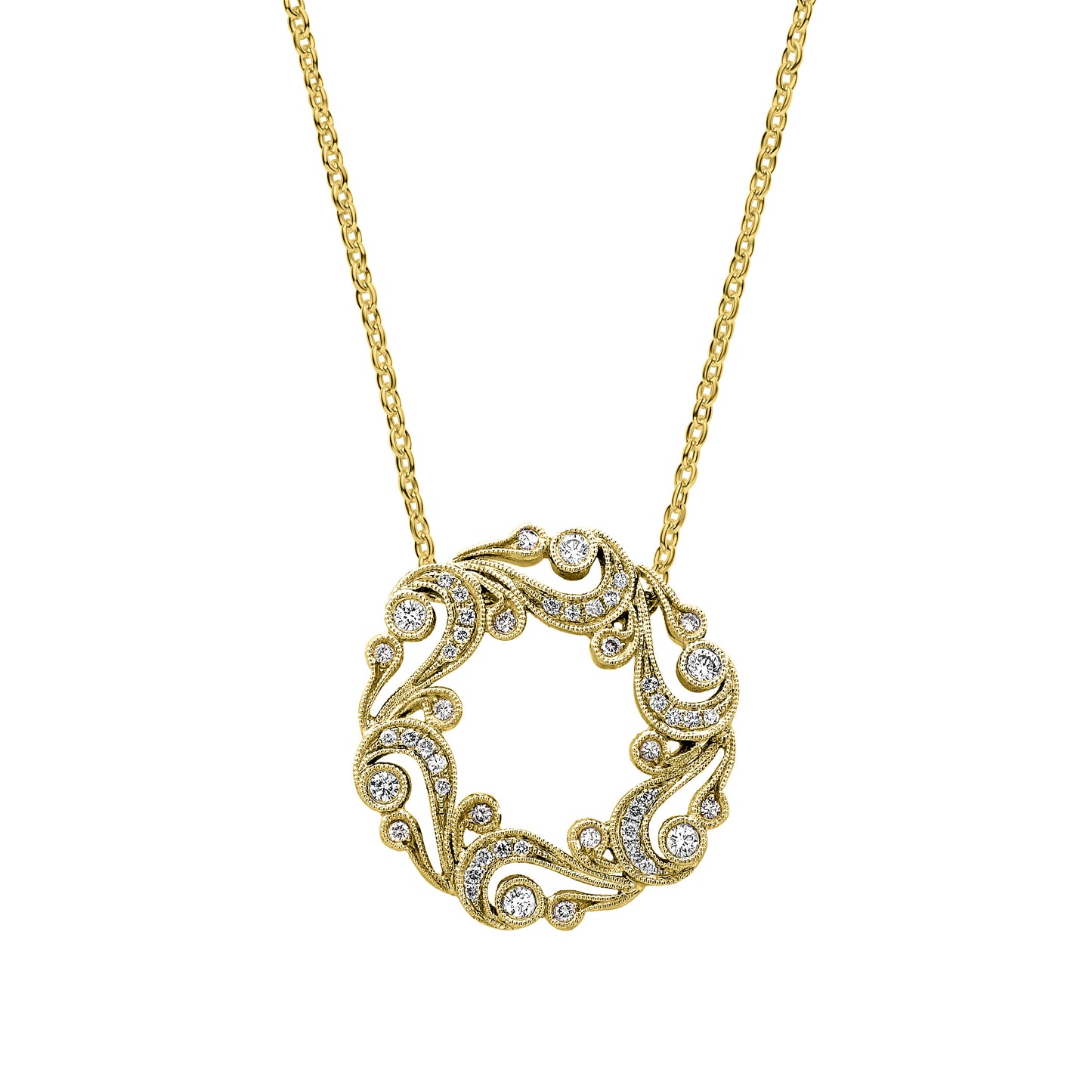 Artistic Swirl Milgrain Diamond Circle Necklace
