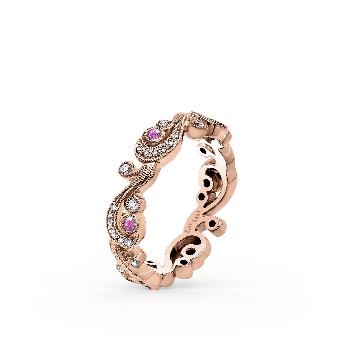 Whimsical Swirl Milgrain Pink Sapphire Diamond Wedding Band