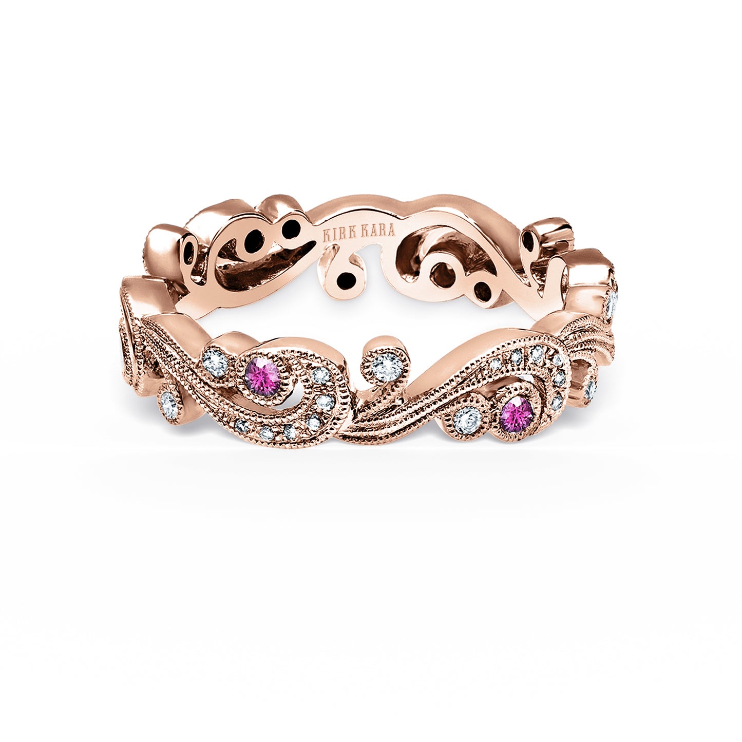 Whimsical Swirl Milgrain Pink Sapphire Diamond Wedding Band