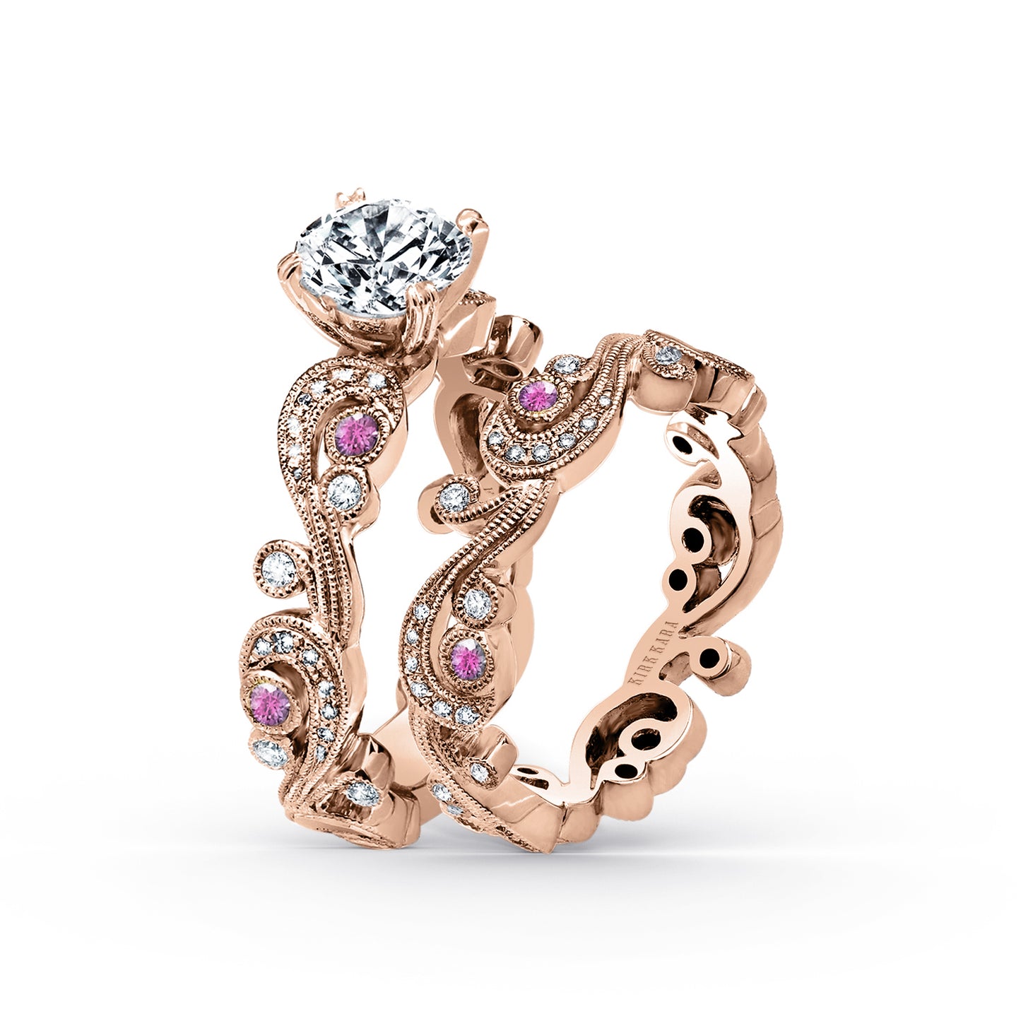 Whimsical Swirl Milgrain Pink Sapphire Diamond Wedding Band