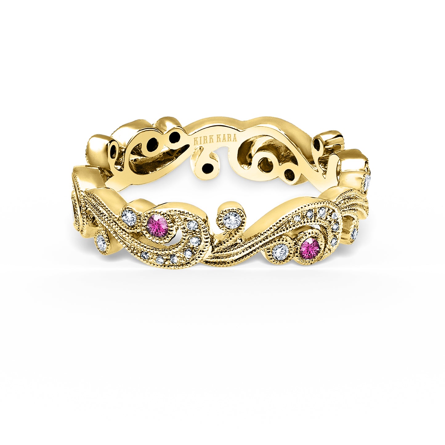 Whimsical Swirl Milgrain Pink Sapphire Diamond Wedding Band