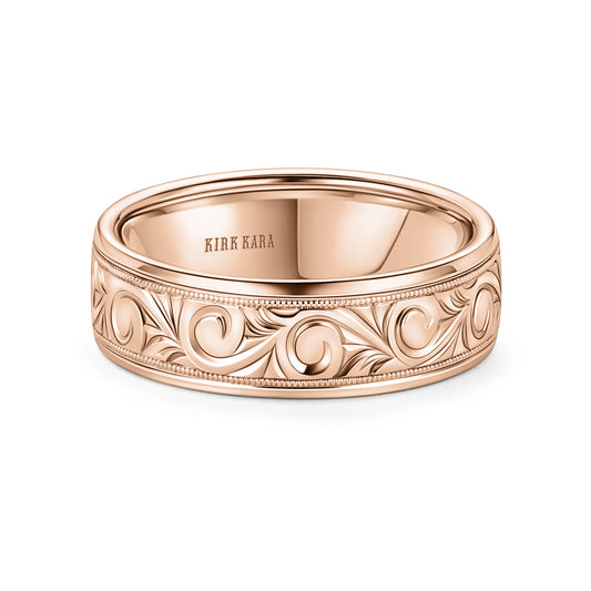 Rose Scroll Engraved Milgrain Wedding Band, 7mm