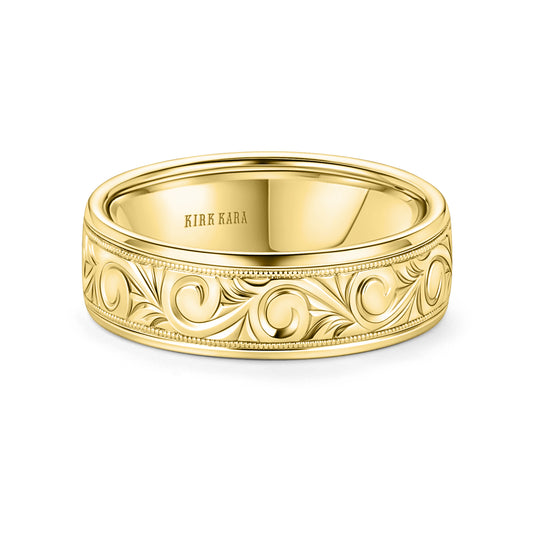 Yellow Scroll Engraved Milgrain Wedding Band, 7mm