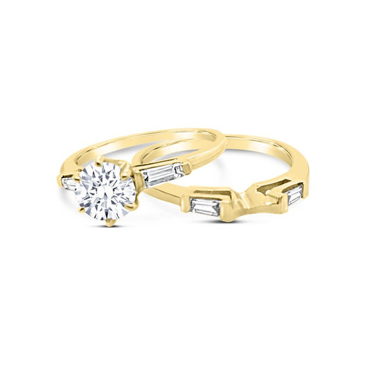 18K Yellow Gold Diamond Three Stone Engagement Ring Band Set
