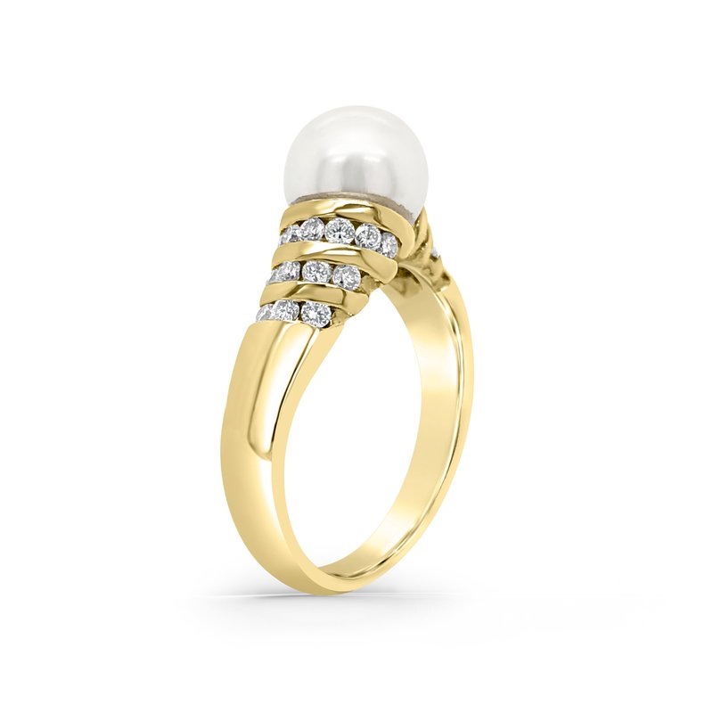 14K Yellow Gold Diamond White Akoya Cultured Pearl Ring